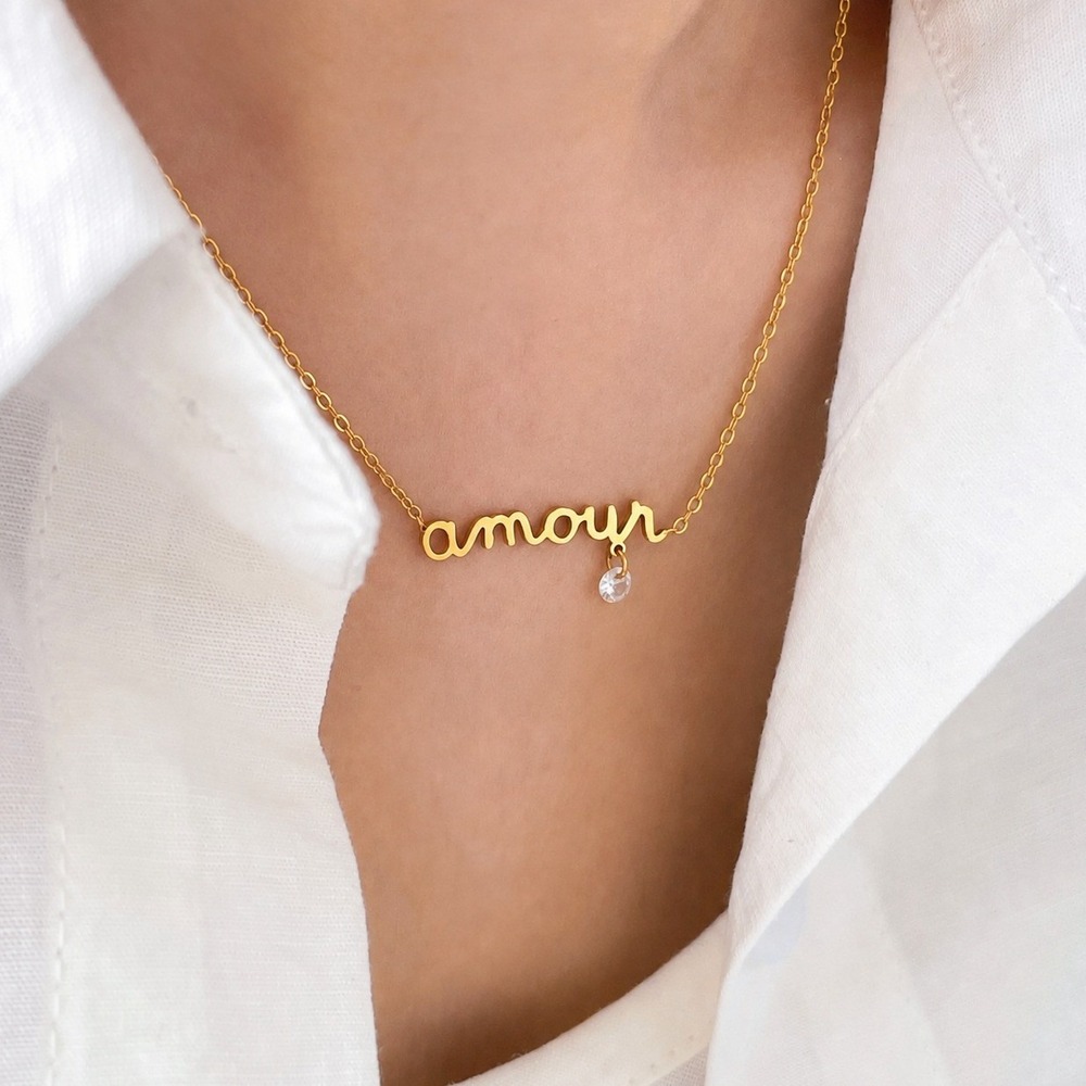 Gold Amour Script Necklace Titanium Steel Zircon Charm Dainty Love Jewelry